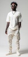 Man wearing white pants and white t-shirt photo