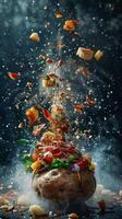Pile of food flying into the air photo