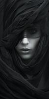 Womans head covered in black fabric photo