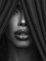 Womans face covered by curtain photo
