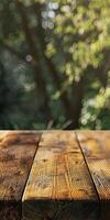 Wooden table with blurry background photo