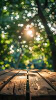 Sunlight filtering through trees onto wooden table photo