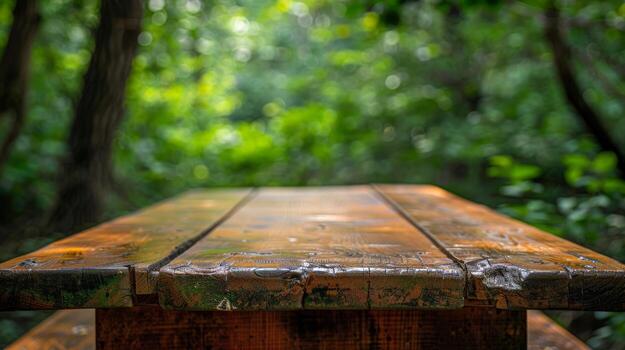 Wooden table in forest photo