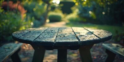 Wooden table in the middle of a park photo