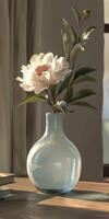 Blue vase with white flowers on a table photo