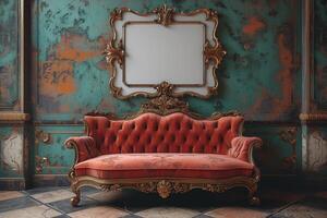 Red couch in front of mirror photo