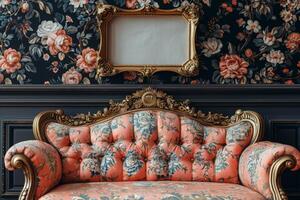 Ornate couch in front of floral wallpaper photo