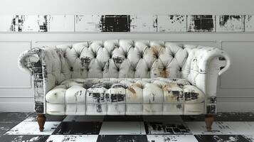 White couch on black and white checkered floor photo