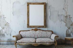 A couch and a mirror in a room photo