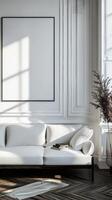 Contemporary living room with white couch and large window photo