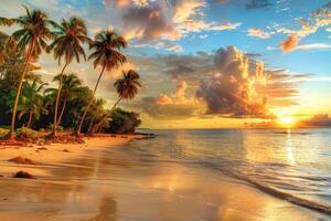 Stunning Sunset on Tropical Beach With Palm Trees photo