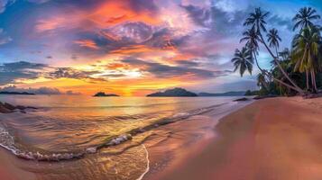 Stunning Sunset on Tropical Beach With Palm Trees photo