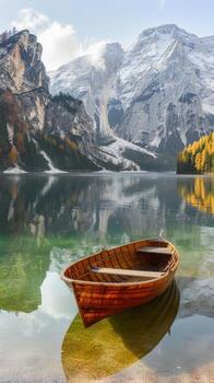 Small boat floating on top of lake photo