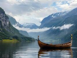 Boat floats on lake surrounded by mountains photo