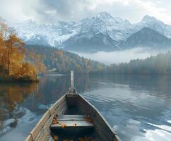 Boat sailing on lake with mountain background photo