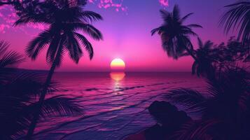 Sunset with palm trees and person sitting on beach photo