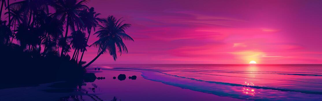 Sun setting over ocean with palm trees photo