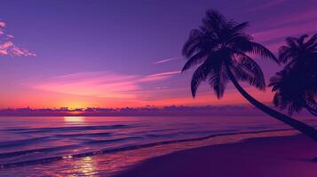 Sunset on tropical beach with palm trees photo