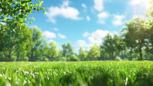 Grassy field with trees in the background photo