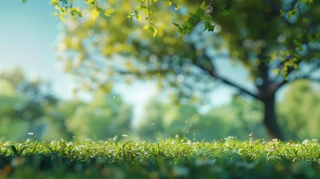 Green field with tree in background photo