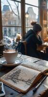A cup of coffee on wooden table photo