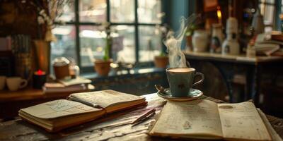 Coffee cup on open book photo