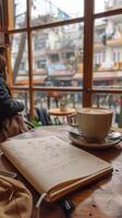 A cup of coffee on wooden table photo