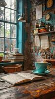 Table with book and cup photo