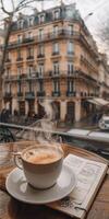 A cup of coffee on a wooden table photo
