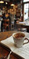 Coffee cup on top of notebook photo