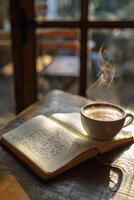 A cup of coffee and a book on a table photo