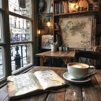 A cup of coffee on a wooden table photo