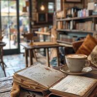A cup of coffee on an open book photo