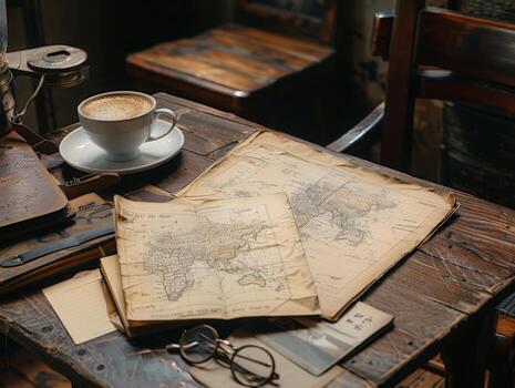 Table covered with old maps and cup of coffee photo