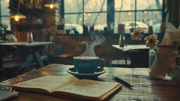 A cup of coffee on a wooden table photo