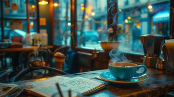 A cup of coffee on a wooden table photo