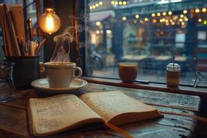 Coffee cup and book on table photo