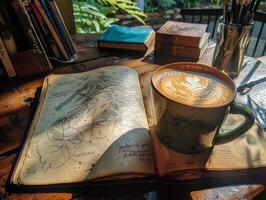 Coffee cup on open book photo