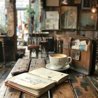 A cup of coffee on wooden table photo