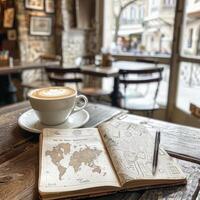 A cup of coffee on a wooden table photo