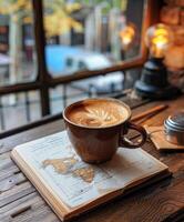 Cup of coffee on book photo