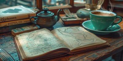 Open book on table beside coffee cup photo