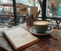 A cup of coffee on a wooden table photo