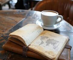 A cup of coffee and a book on a table photo