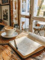 A table with an open book and a cup of coffee photo