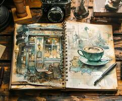Sketch of a coffee shop in an open notebook photo
