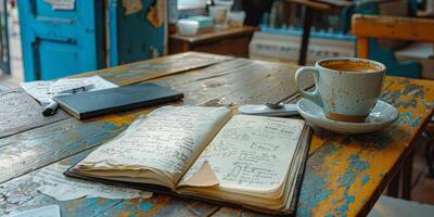 A cup of coffee on wooden table photo