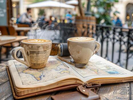 Two cups of coffee on open book photo