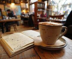 A cup of coffee on a wooden table photo
