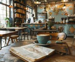 A cup of coffee on a wooden table photo